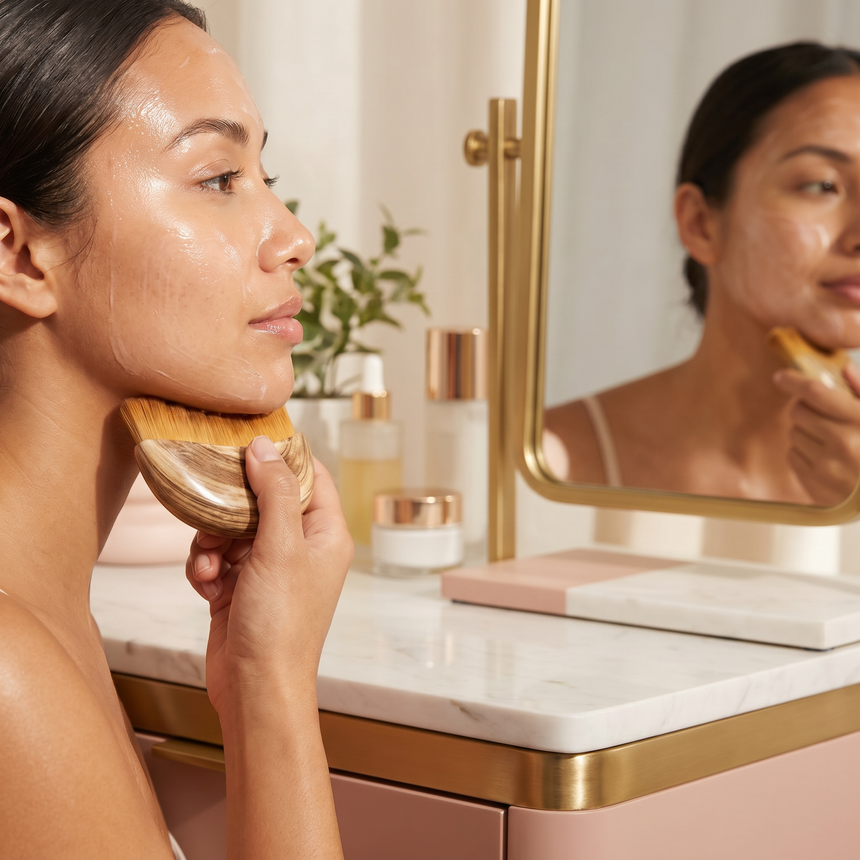Sculpting the jawline with the Solyellea Facial Ritual Comb at a vanity mirror