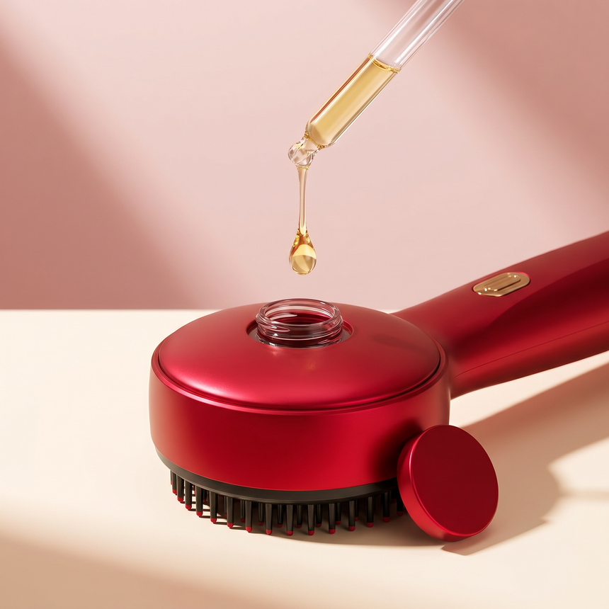 Solyellea Electric Scalp Massage Comb - adding hair oil to the built-in serum tank