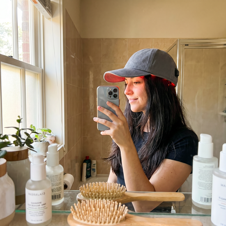 Solyellea Red Light Therapy Cap - mirror selfie wearing the cap