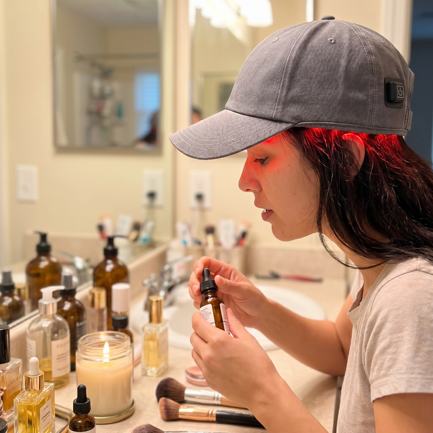 Solyellea Red Light Therapy Cap - hands-free use while doing skincare at the vanity