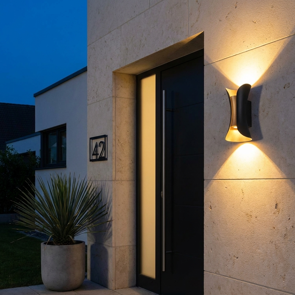 Solyellea Arc LED up-down wall light glowing beside a modern front door at dusk