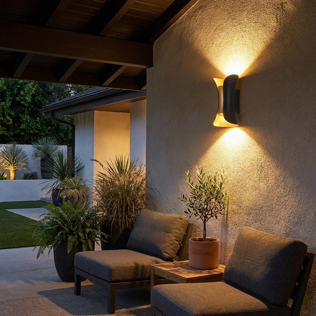Arc LED wall light on a covered patio wall at night