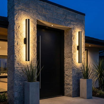 Pair of vertical linear LED wall lights flanking a modern front door at night