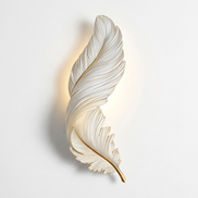 Solyellea Feather LED wall lamp, white resin with gold spine, on white background
