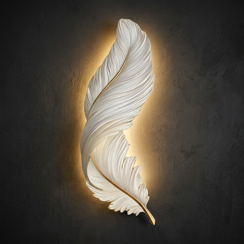 Close-up of feather LED wall lamp glowing with warm halo at night