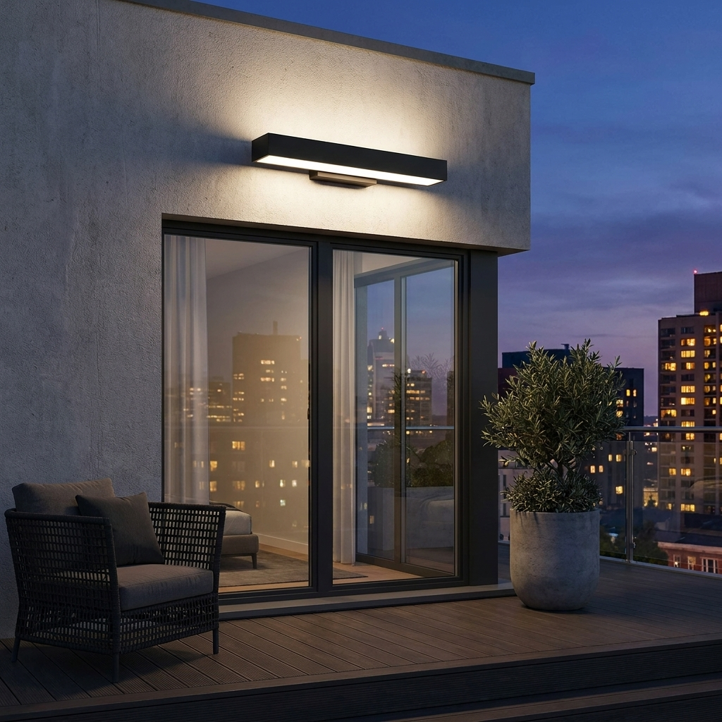 Rectangular LED light above a balcony terrace door at dusk