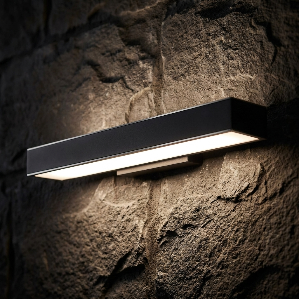 Close-up of rectangular LED wall light glowing on stone wall at night