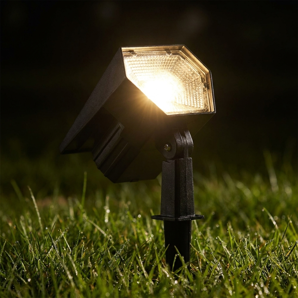 Close-up of solar spike light beam at night in dewy grass