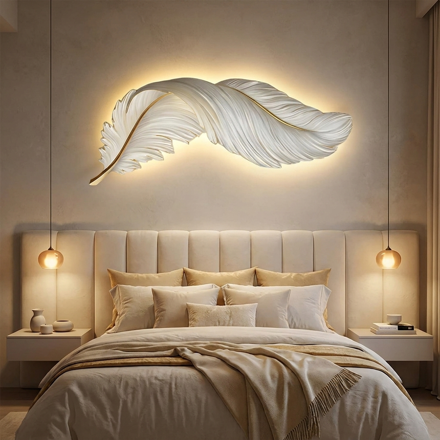 Feather LED wall lamp horizontal above a bed at night