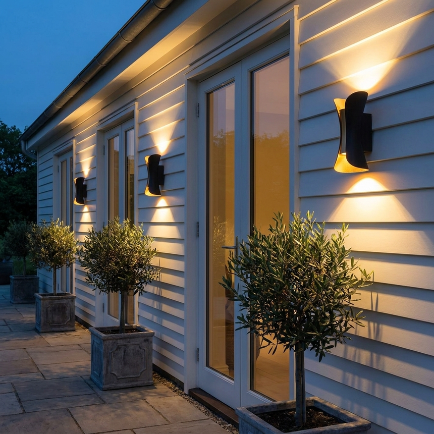 Row of three arc up-down wall lights along a house facade at dusk