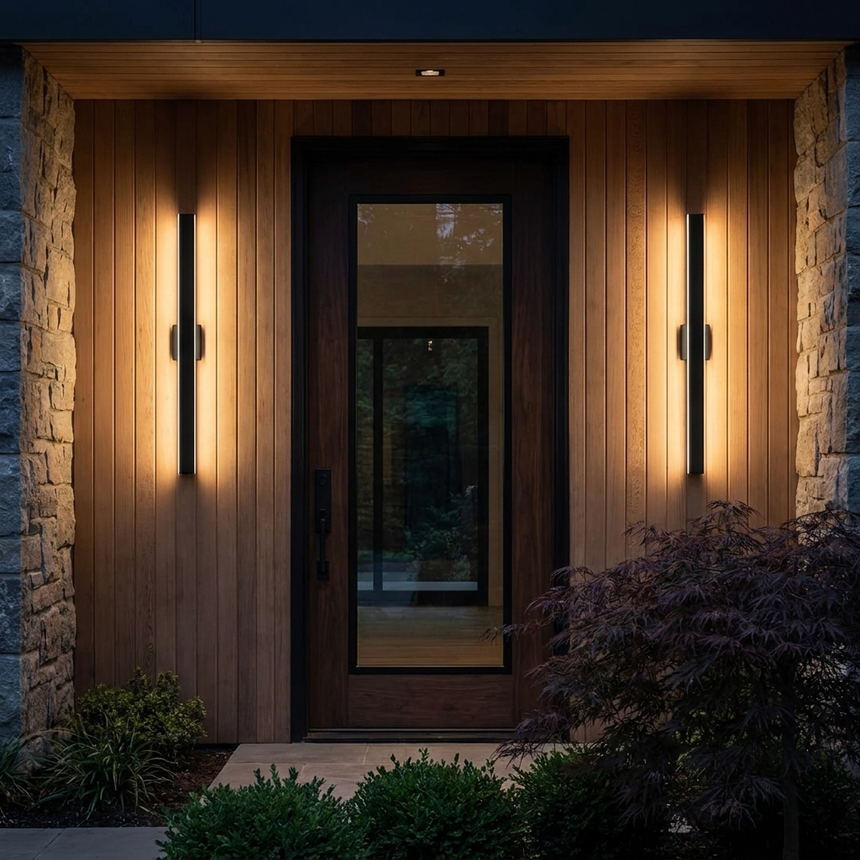 Pair of vertical linear LED bars flanking a timber front door at night