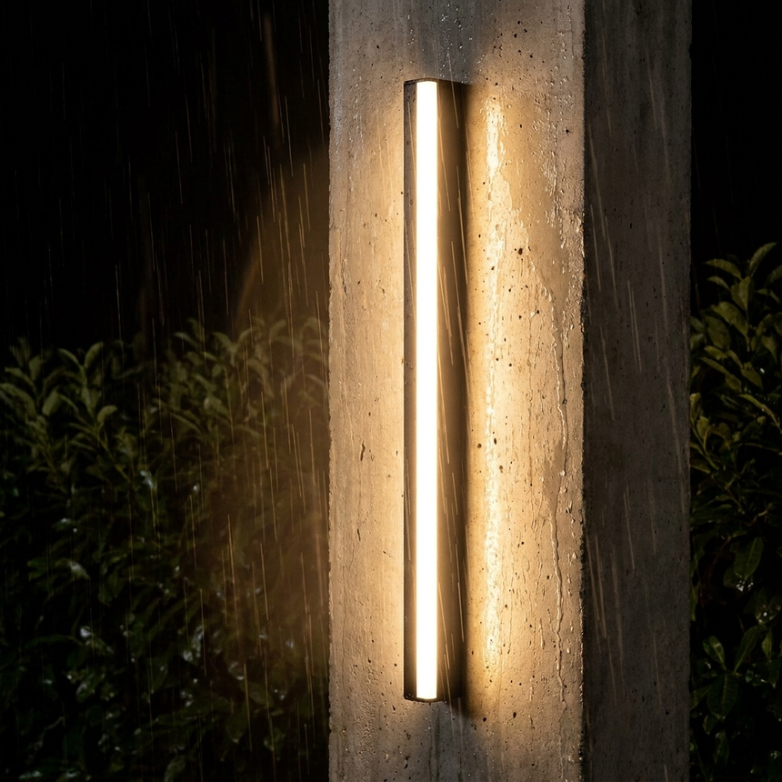 Linear LED bar glowing on concrete in heavy rain at night